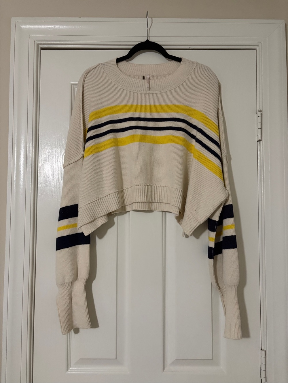 Cropped Free People Cream Crewneck Sweater with Yellow & Navy Stripes